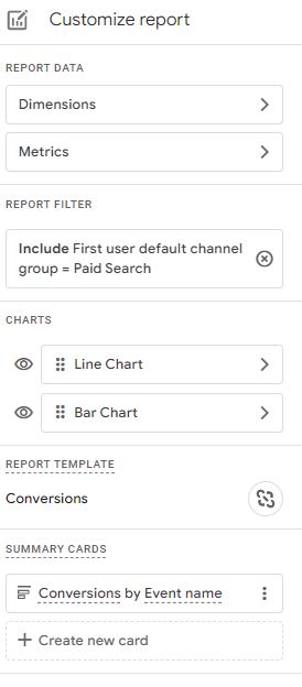 Sidebar of Google Analytics 4 custom report