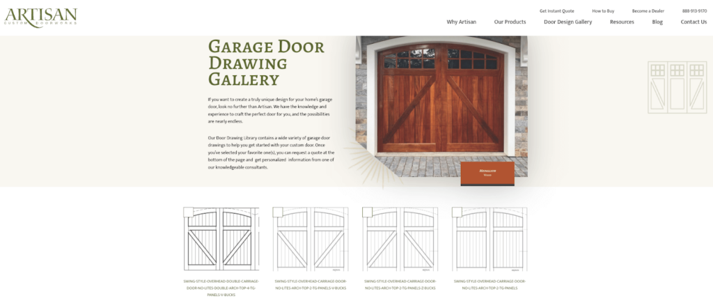 A custom door design gallery lets you select drawings in line with your vision to submit and get quotes on.