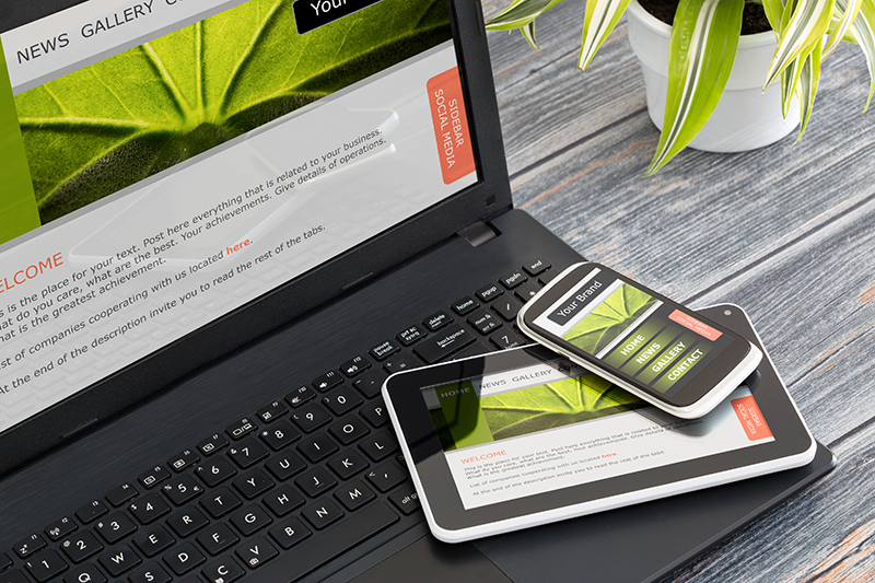 The same responsive design is shown on a laptop screen, phone, and tablet.