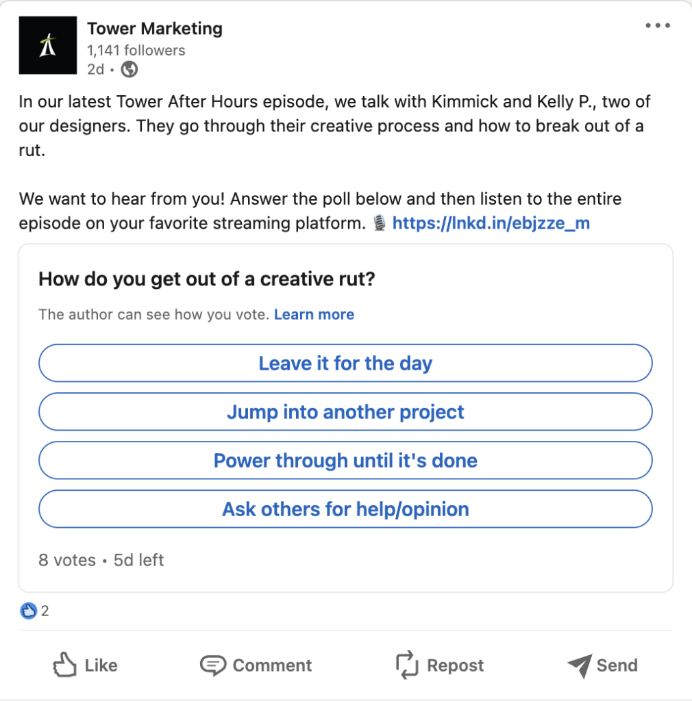 a screenshot of Tower Marketing's LinkedIn poll