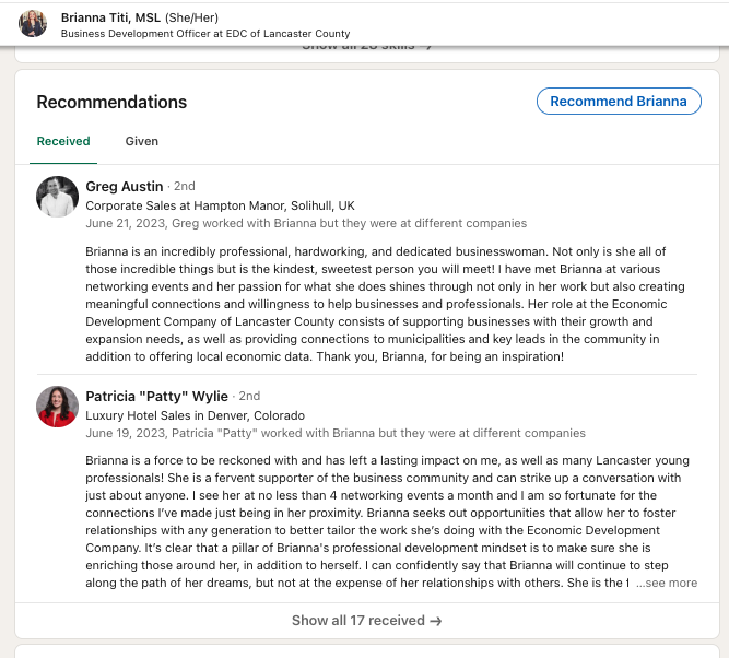A screenshot from LinkedIn show two profiles that wrote a recommendation.