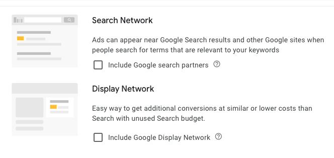 Settings for Search Network and the Display Network.