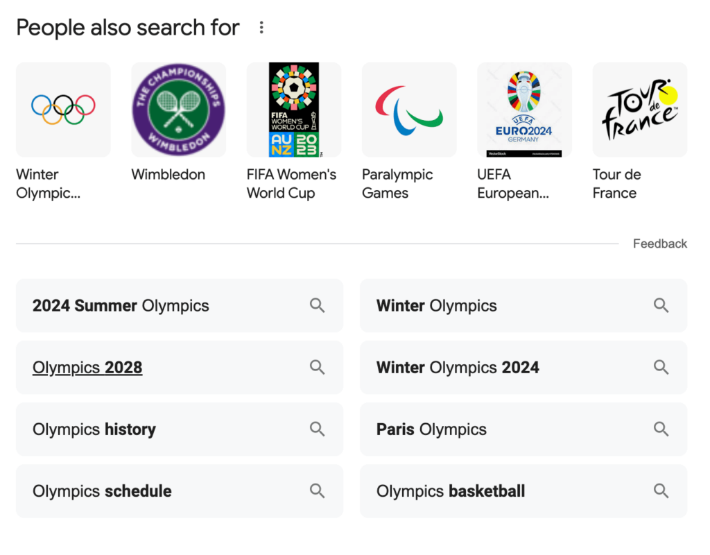 Google Search Engine Results Page feature showing what people also search for when searching Olympics