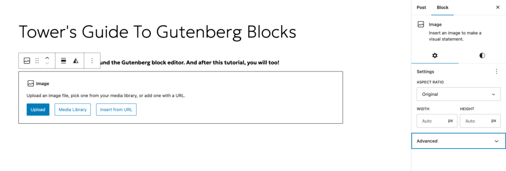 A screenshot of the WordPress editor that shows someone adding an image in the gutenberg block editor